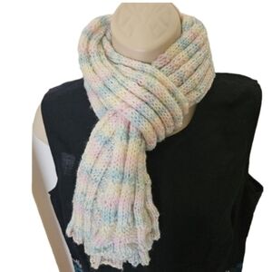 Hand knit scarf multicolor chunky crochet  girls size baby pink grannycore retro